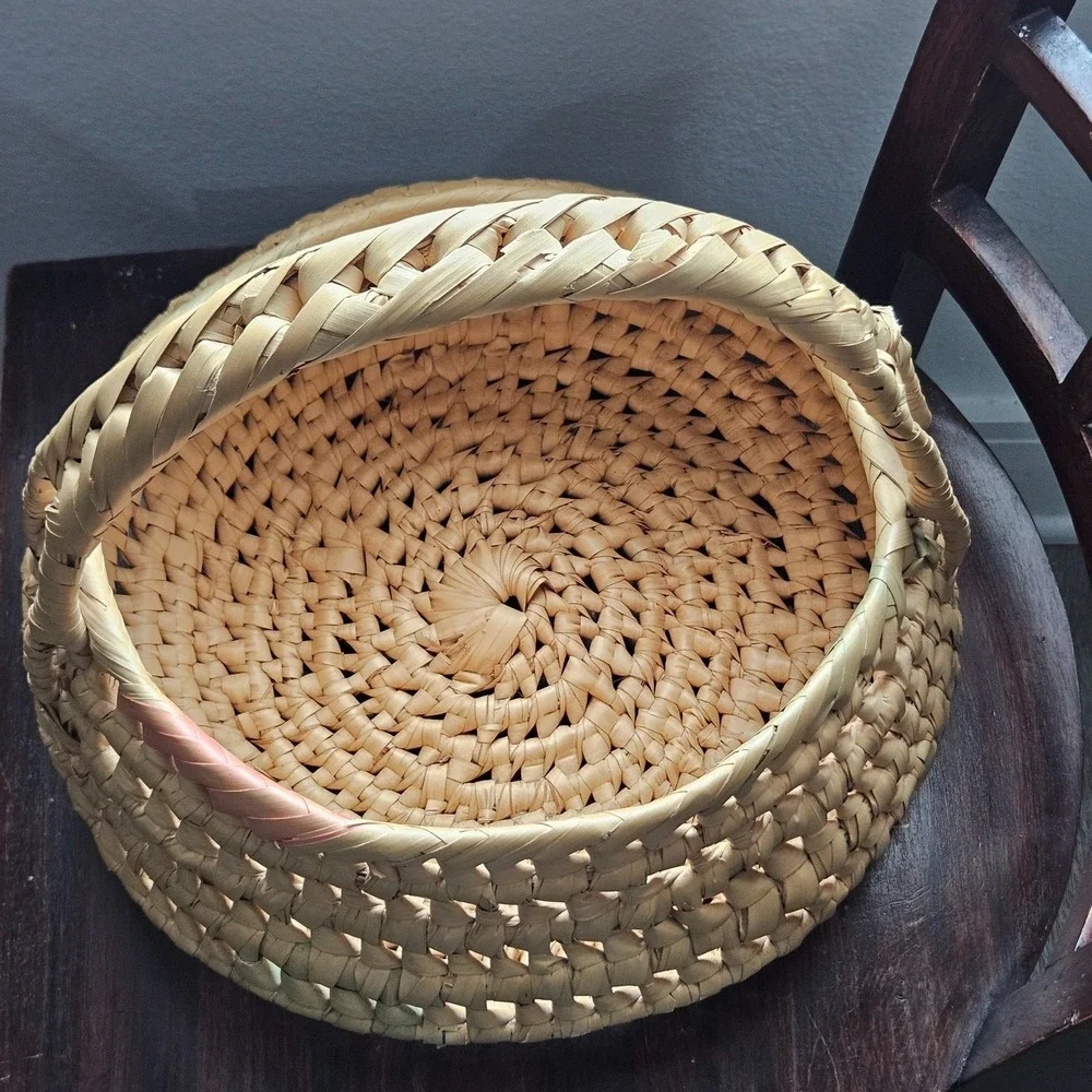 Vintage Native American Coiled‎ Basket Bowl colorful pattern with Handles